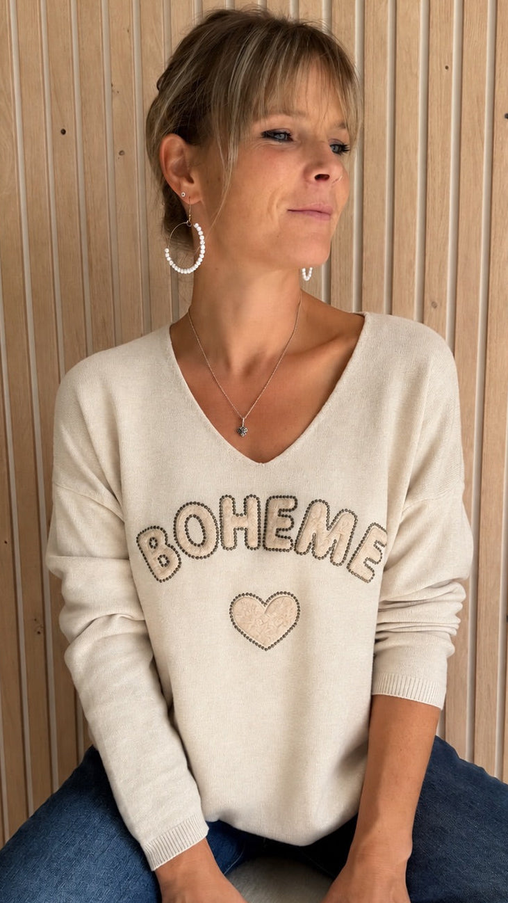 Pull beige sable « Bohème » à cœur