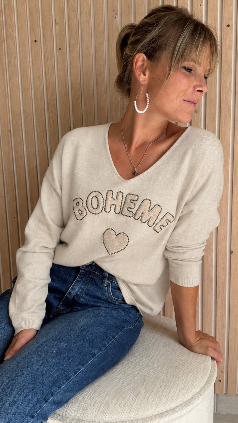 Pull beige sable « Bohème » à cœur