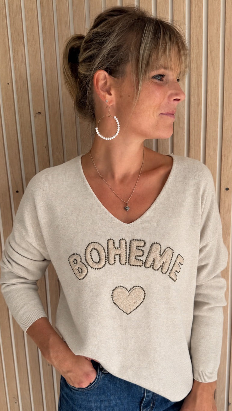 Pull beige sable « Bohème » à cœur