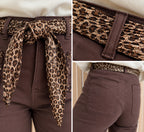 Pantalon wide leg chocolat à ceinture léopard