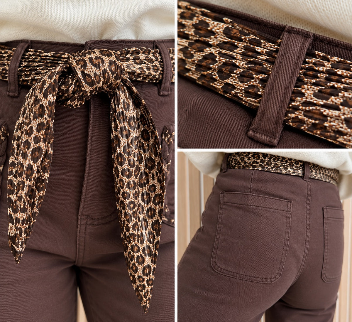 Pantalon wide leg chocolat à ceinture léopard