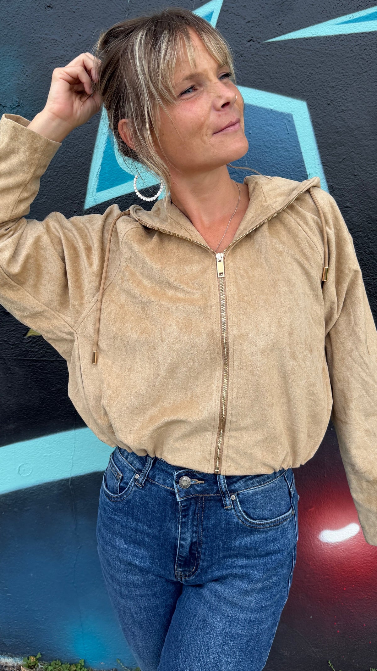 Veste bomber en suédine beige sable