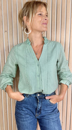 Chemise brodée vert d'eau esprit bohème 100% coton