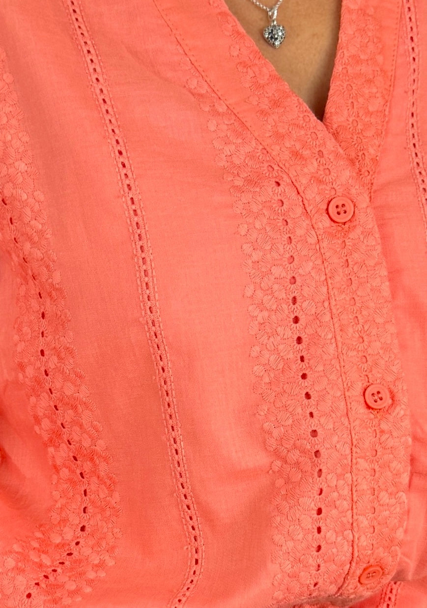 Chemise brodée corail esprit bohème 100% coton