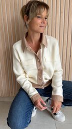 Cardigan écru et taupe bimatière