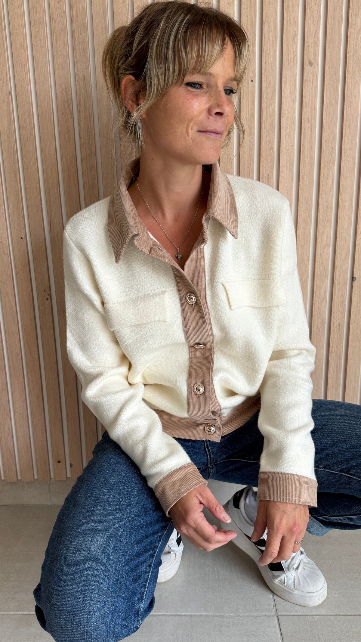 Cardigan écru et taupe bimatière