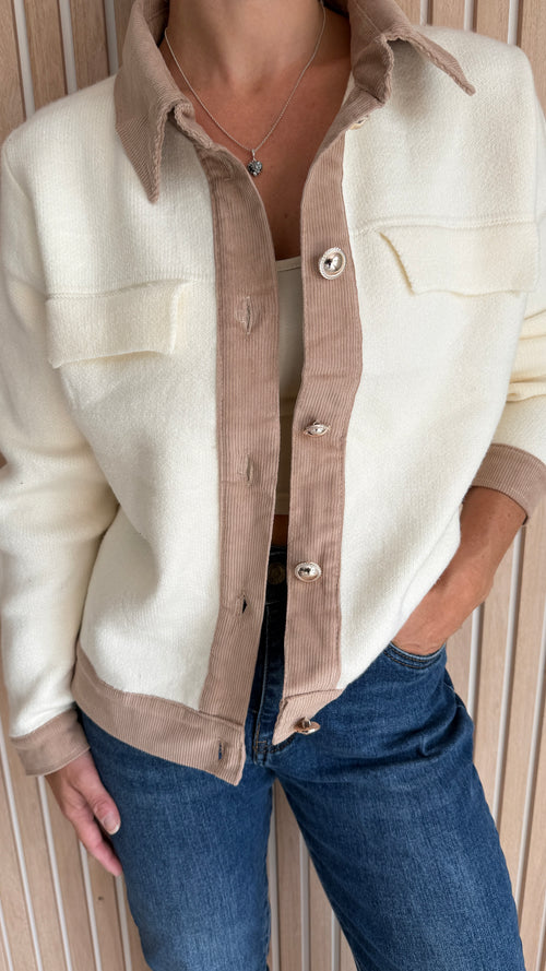 Cardigan écru et taupe bimatière