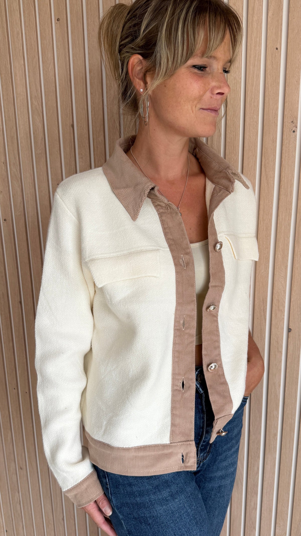 Cardigan écru et taupe bimatière