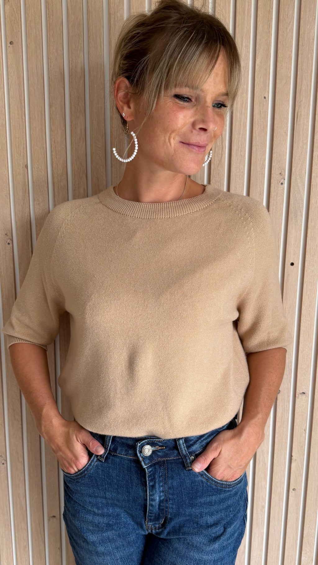 Pull beige manches trois-quarts – L’Essentiel