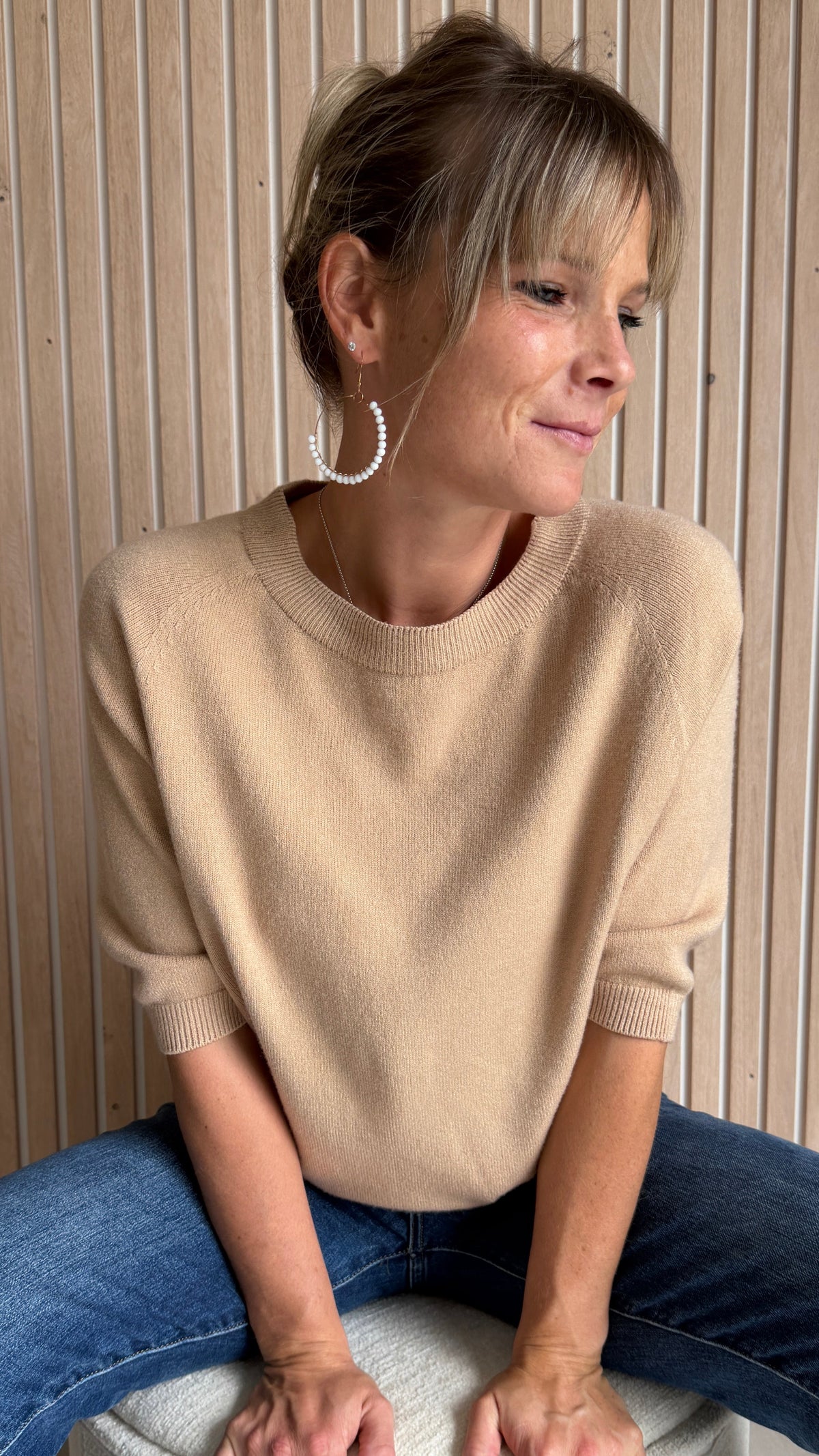 Pull beige manches trois-quarts – L’Essentiel