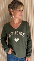 Pull kaki col V "Bohème"