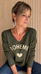 Pull kaki col V "Bohème"