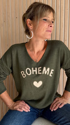 Pull kaki col V "Bohème"