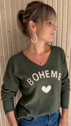 Pull kaki col V "Bohème"