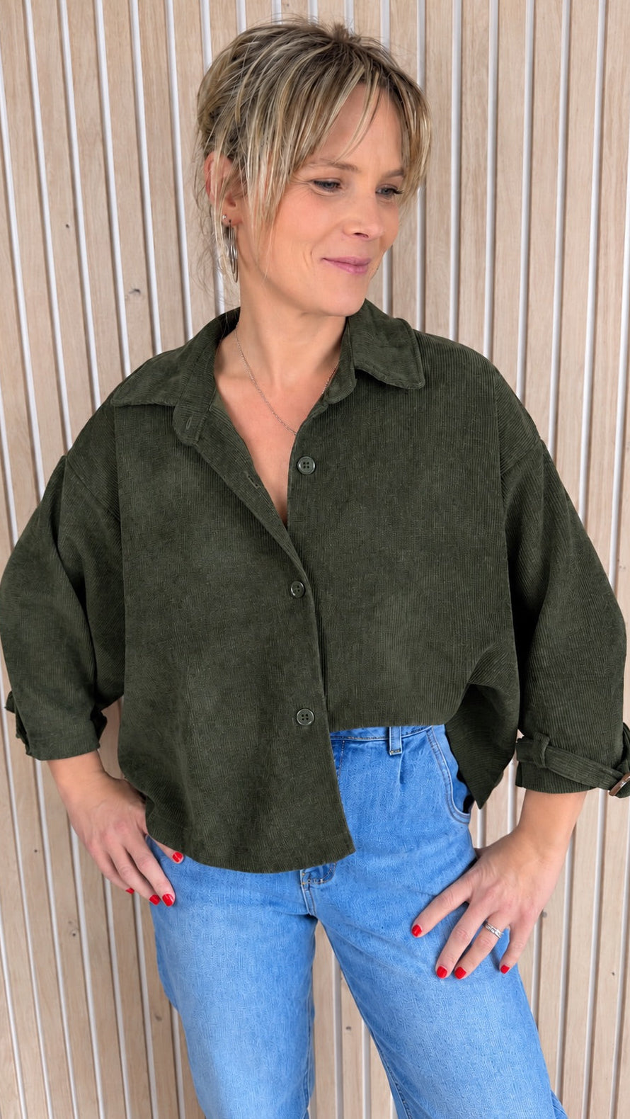 Veste oversize LANA – Kaki en velours texturé