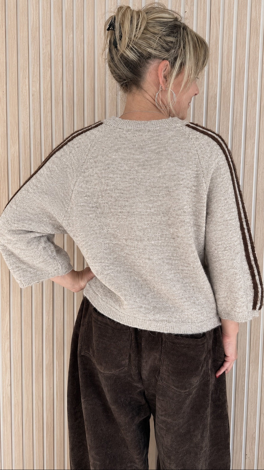 Pull CLARA – Beige chiné à bandes choco