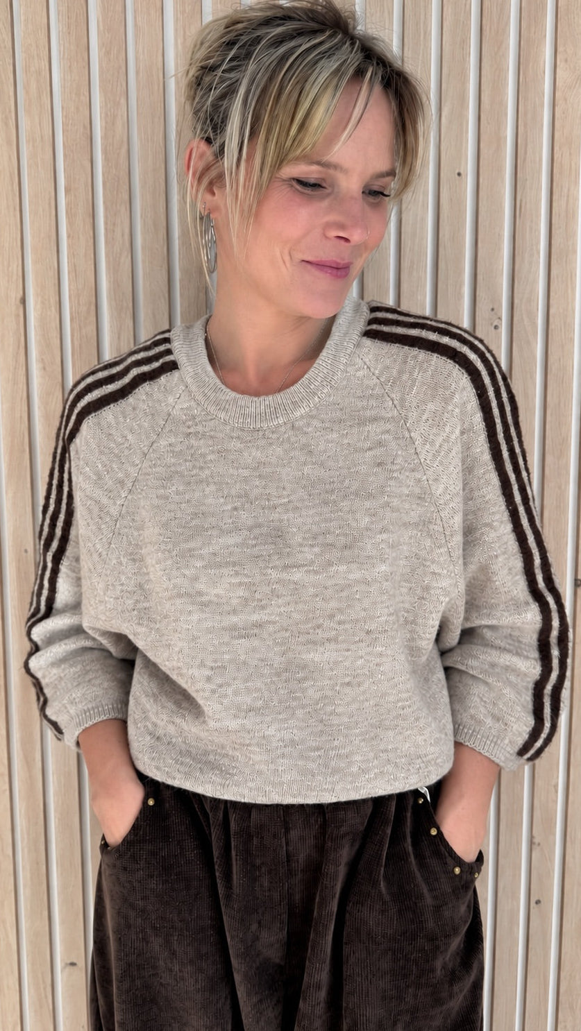 Pull CLARA – Beige chiné à bandes choco