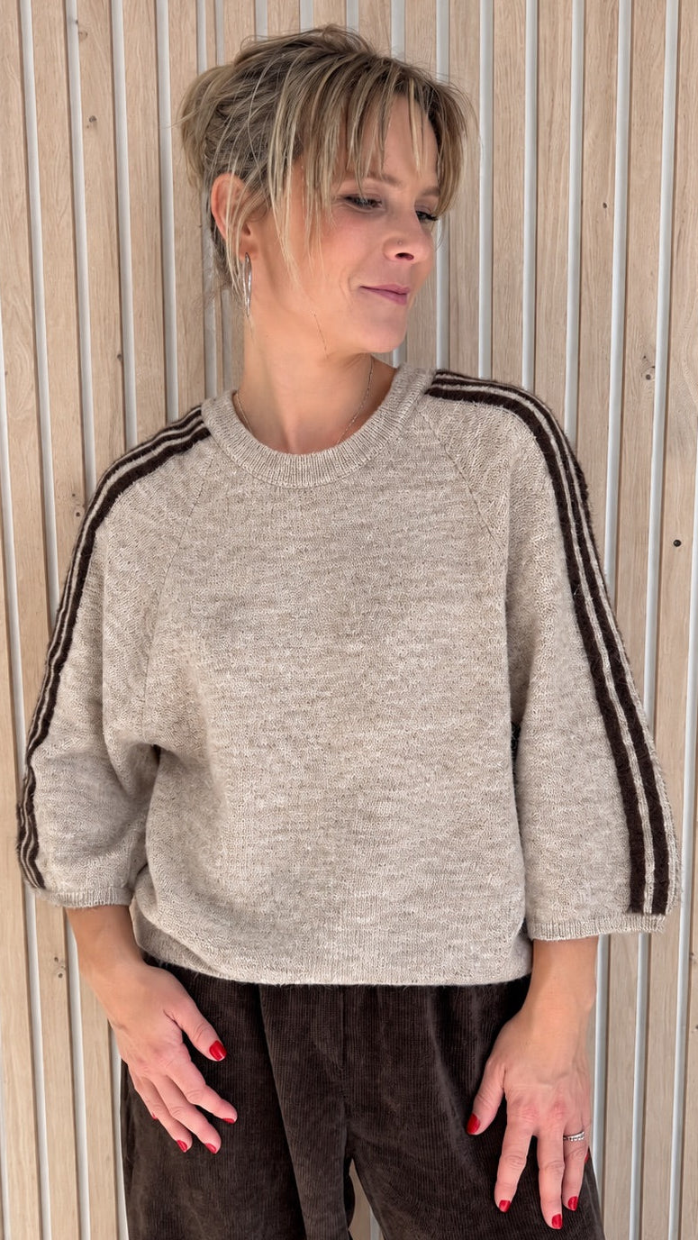 Pull CLARA – Beige chiné à bandes choco