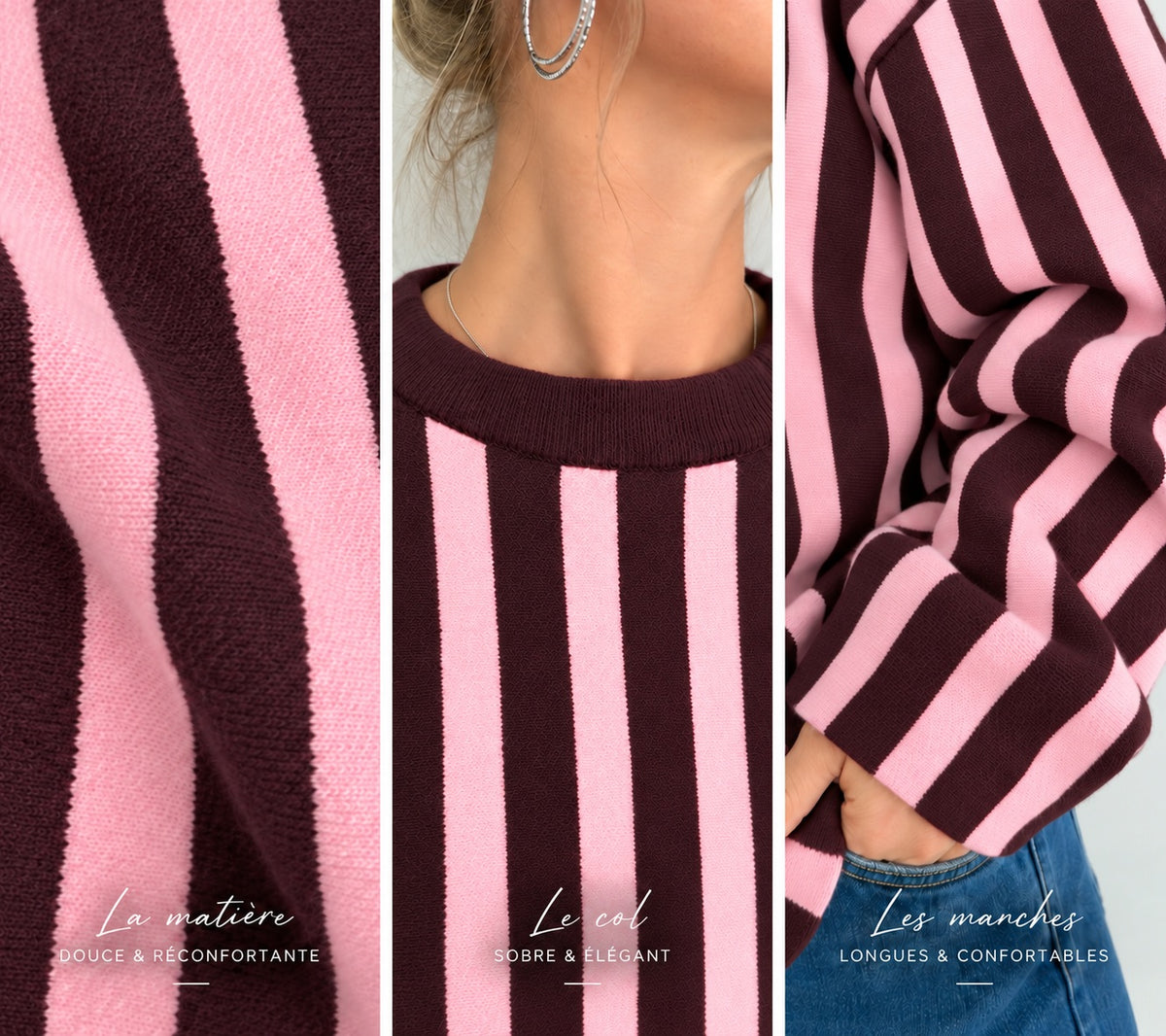 Pull en maille rayée rose et prune