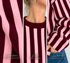Pull en maille rayée rose et bordeaux
