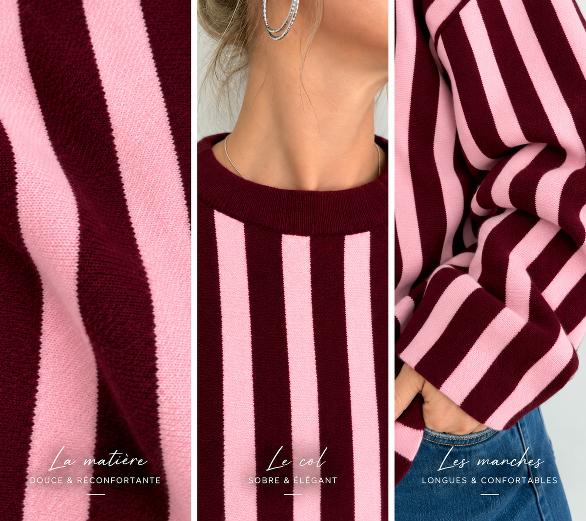 Pull en maille rayée rose et bordeaux