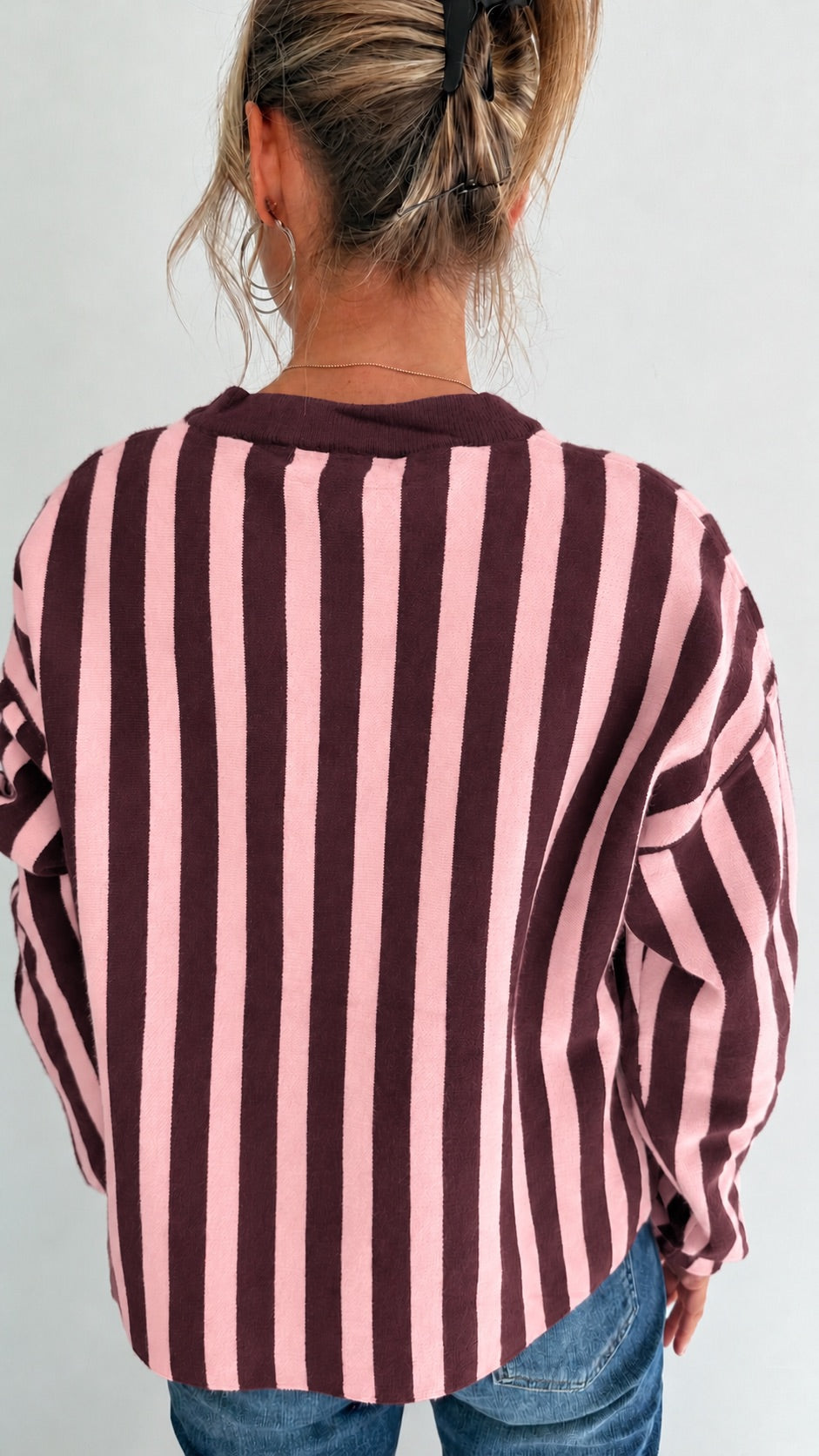 Pull en maille rayée rose et prune