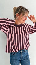 Pull en maille rayée rose et prune