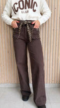 Pantalon wide leg chocolat à ceinture léopard