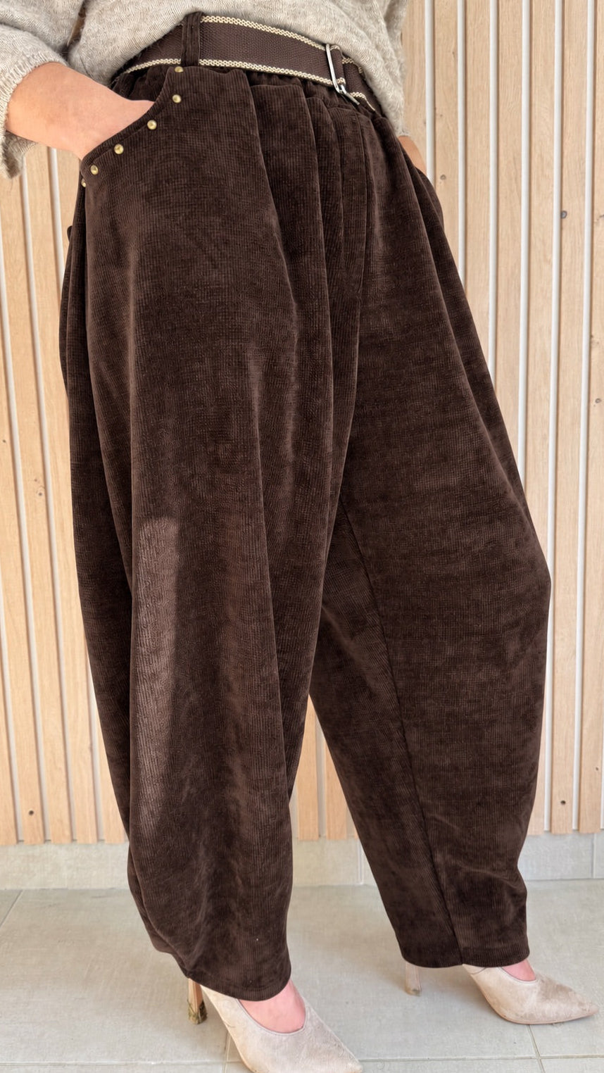 Pantalon barrel velours chocolat
