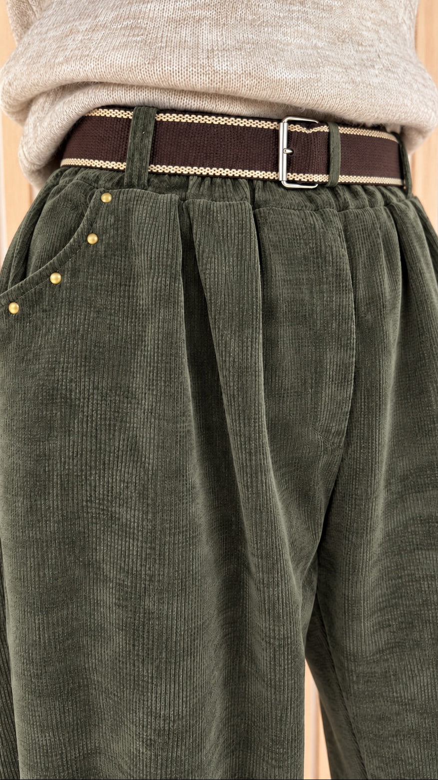 Pantalon barrel velours vert olive