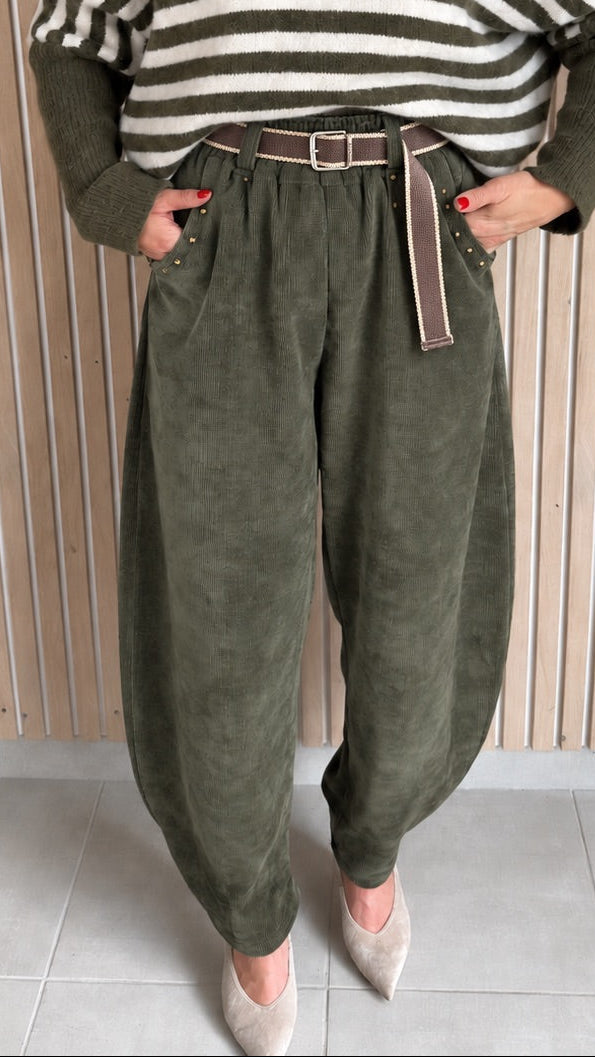 Pantalon barrel velours vert olive