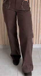 Pantalon wide leg chocolat à ceinture léopard
