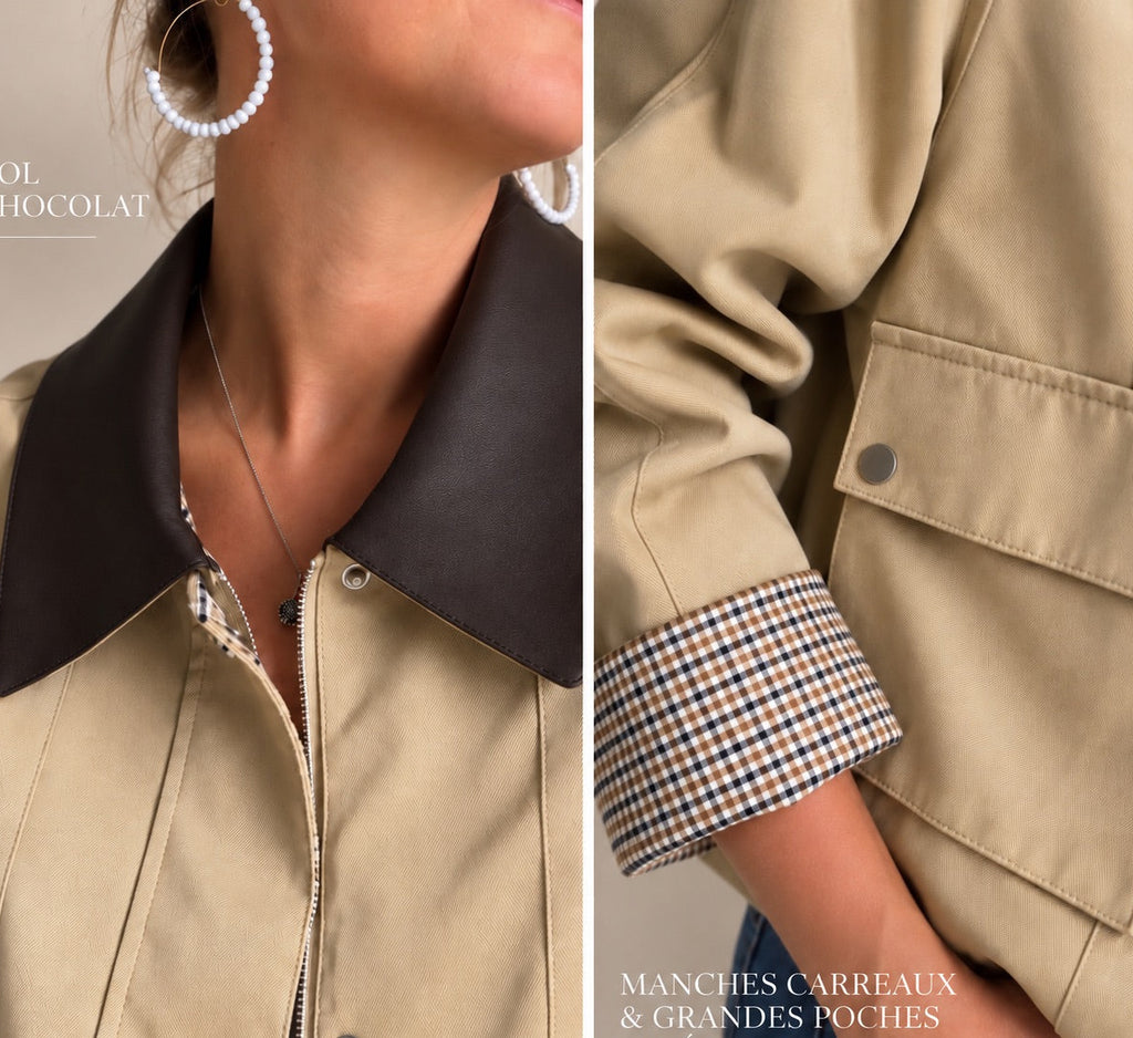 Bomber beige avec col chocolat et détails carreaux