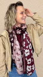 Écharpe florale  patchwork bordeaux & rose
