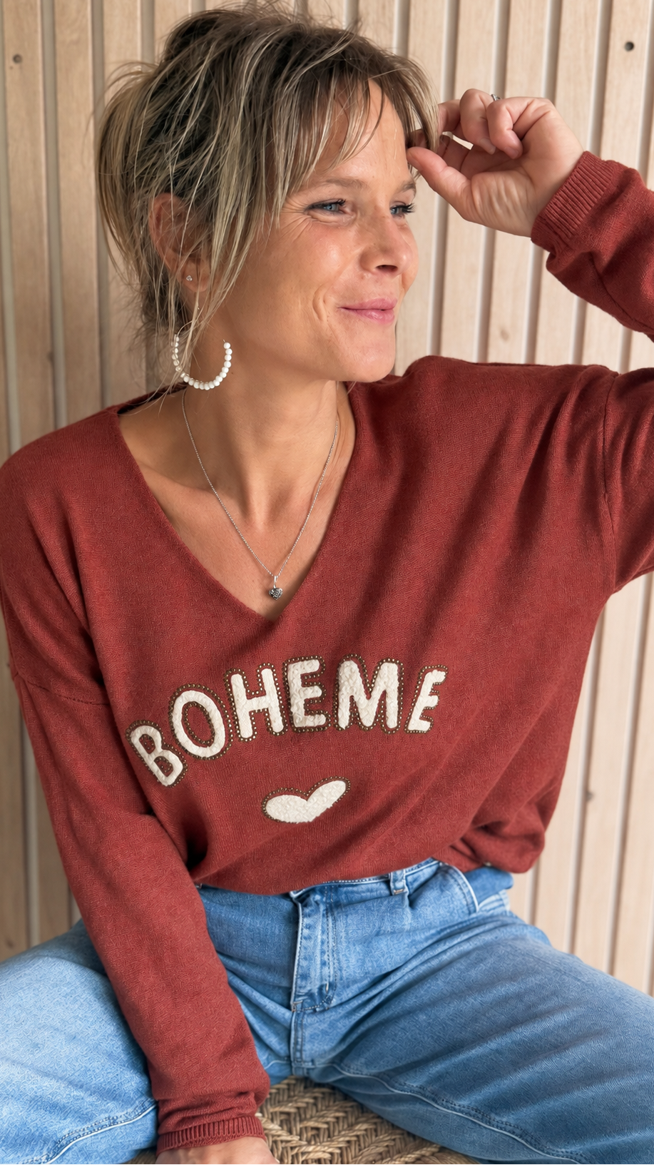 Pull terracotta « Bohème » à cœur