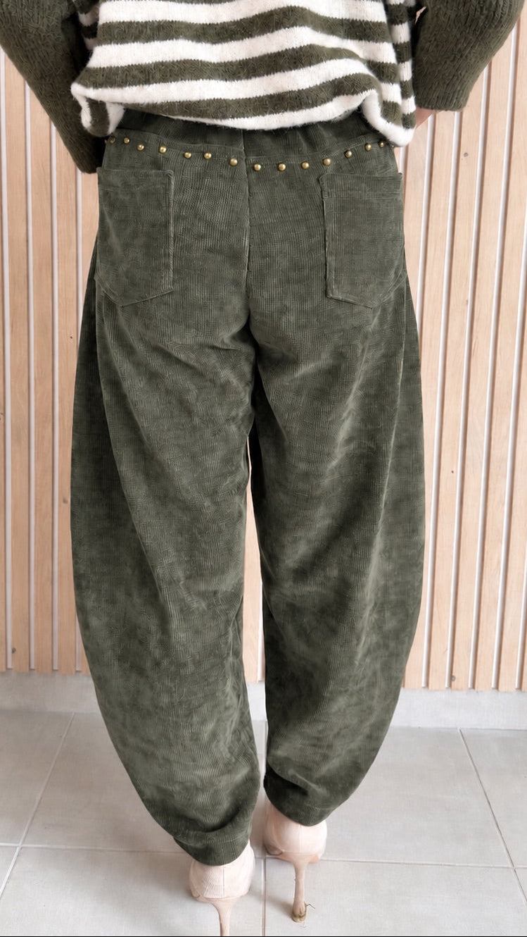 Pantalon barrel velours vert olive