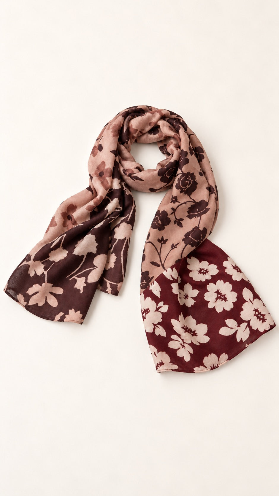Écharpe florale  patchwork bordeaux & rose