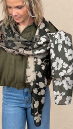 Écharpe florale patchwork taupe, kaki & noir