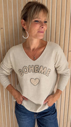 Pull beige sable « Bohème » à cœur