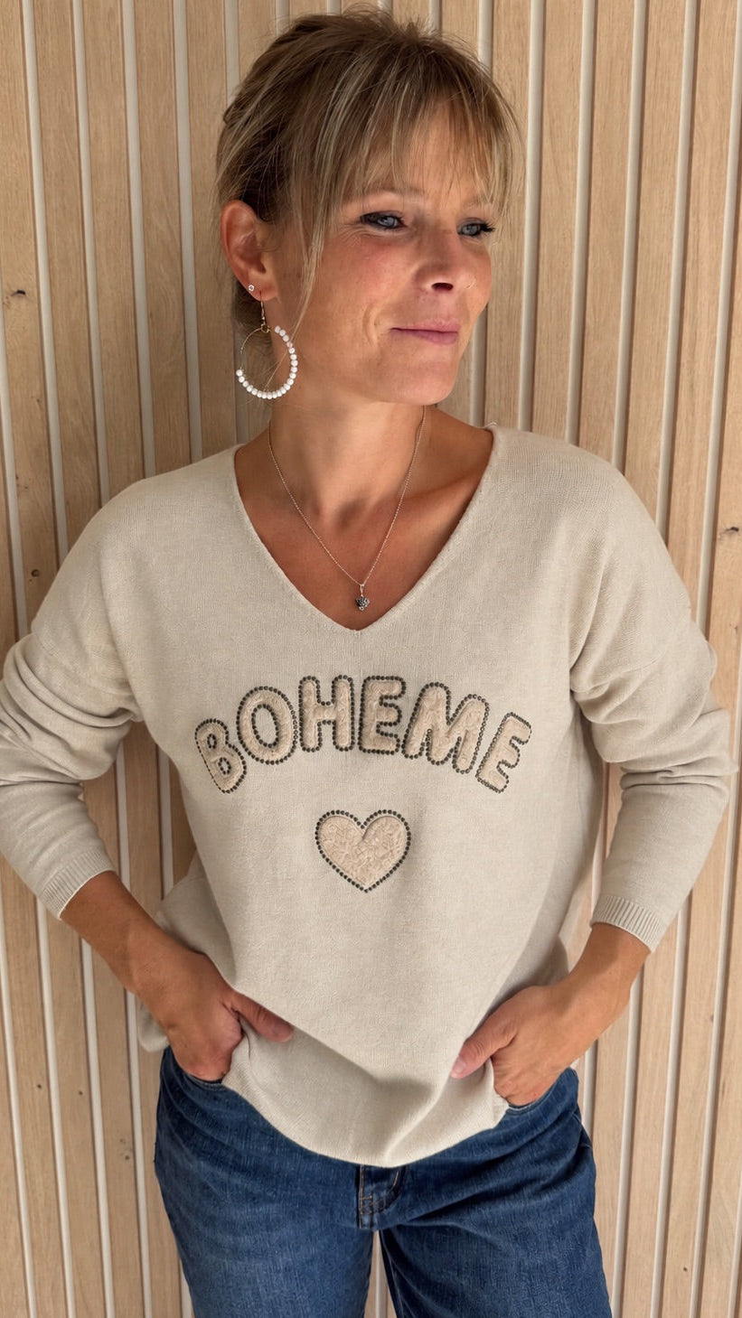 Pull beige sable « Bohème » à cœur
