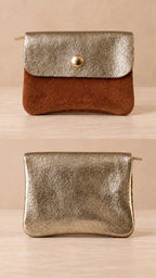 Porte-monnaie en cuir Camel & Doré pailleté