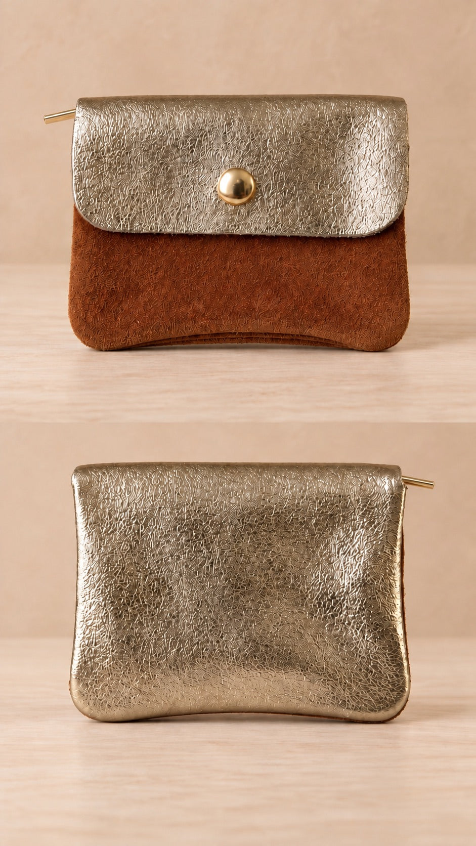 Porte-monnaie en cuir Camel & Doré pailleté