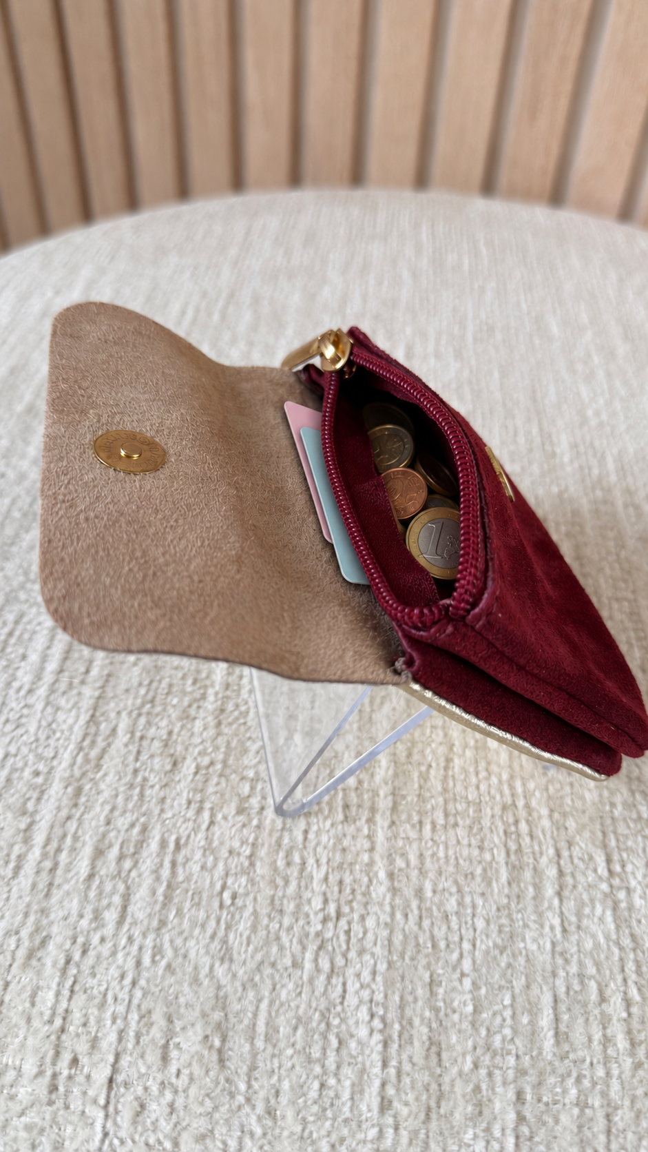 Porte-monnaie en cuir Bordeaux & Doré pailleté