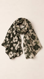 Écharpe florale patchwork taupe, kaki & noir
